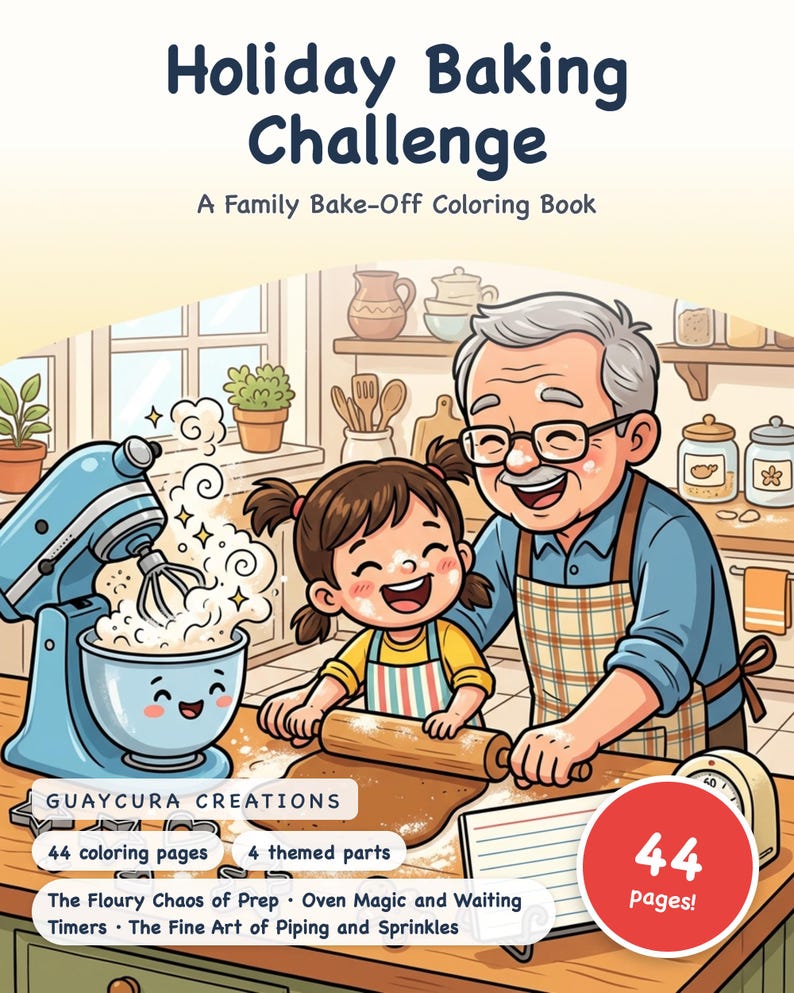 Libro da colorare "Sfida di pasticceria per le feste" - Una gara di pasticceria in famiglia, stampabile in PDF per bambini dai 6 anni in su, 44 pagine, download immediato. immagine 1