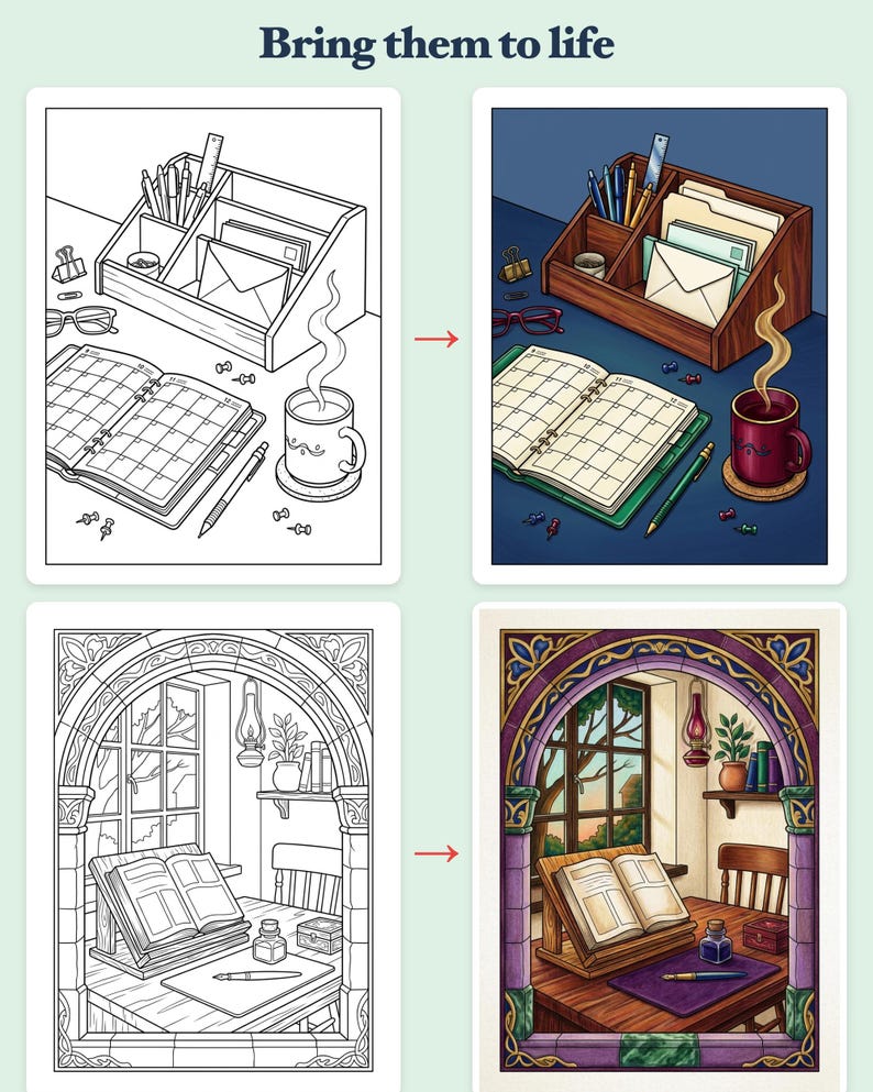 Kleurboek voor gezellige studiehoekjes — Esthetische bureauplekken, printbare PDF voor tieners en volwassenen, 44 pagina's, direct te downloaden afbeelding 3
