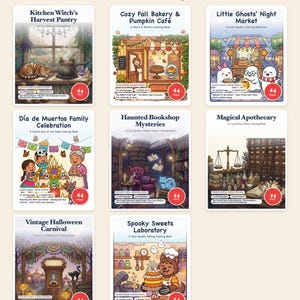Halloween Coloring Book Bundle 8 Books 352 Pages, Cozy Autumn Witch Pumpkin Ghost Vintage Dia de Muertos PDF, Guaycura Creations image 1