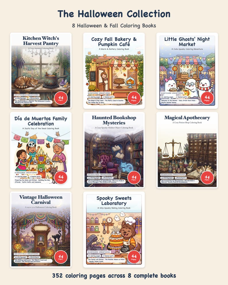 Halloween Coloring Book Bundle 8 Books 352 Pages, Cozy Autumn Witch Pumpkin Ghost Vintage Dia de Muertos PDF, Guaycura Creations image 1