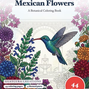 Libro para colorear de colibríes en PDF, flores mexicanas, botánica, páginas para colorear para adultos, imprimibles, diseños de Tenango Otomí Talavera, descarga instantánea. imagen 1