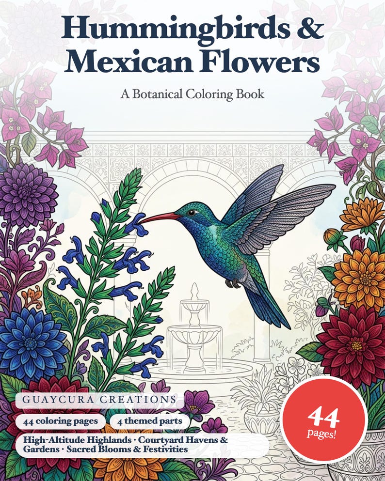 Libro para colorear de colibríes en PDF, flores mexicanas, botánica, páginas para colorear para adultos, imprimibles, diseños de Tenango Otomí Talavera, descarga instantánea. imagen 1