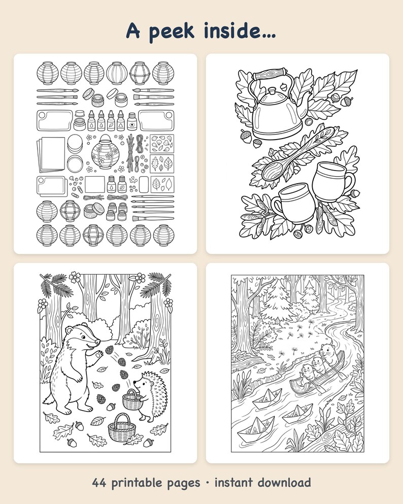Libro para colorear del Festival de Linternas del Bosque de Otoño — Celebración Acogedora en el Bosque. PDF imprimible para mayores de 6 años y para toda la familia. 44 páginas. Descarga instantánea. imagen 2