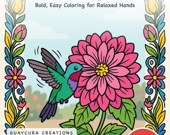 ハチドリとフォークフローラル：大きな文字の塗り絵ブック ― 大胆で簡単なデザイン、高齢者向け印刷可能PDF、44ページ、即時ダウンロード