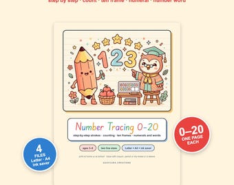 Number Tracing Worksheets 0–20 | Preschool Number Formation PDF with Counting, Ten Frames & Number Words, 26 Pages, Letter + A4