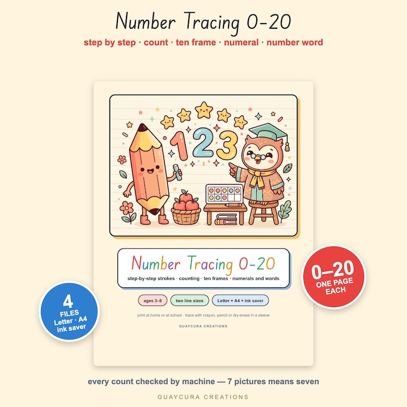 Number Tracing Worksheets 0–20 | Preschool Number Formation PDF with Counting, Ten Frames & Number Words, 26 Pages, Letter + A4 image 1