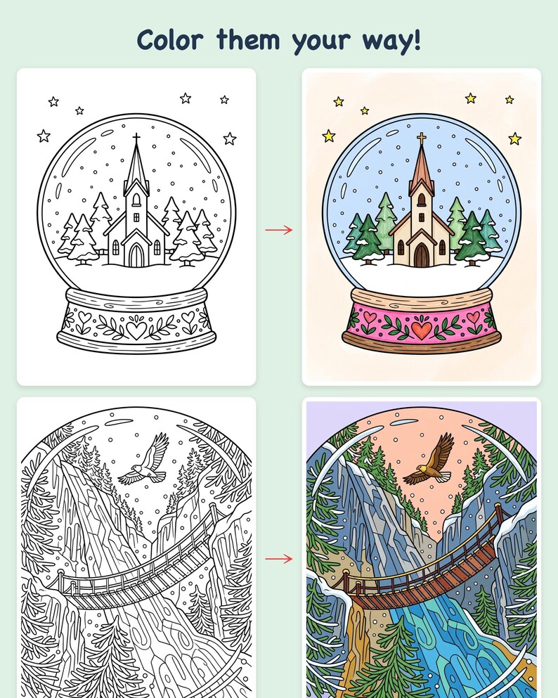 Snow Globe Coloring Book Printable PDF Winter Holiday Coloring Pages for Adults Kids, Christmas Activity, Instant Download Guaycura image 3