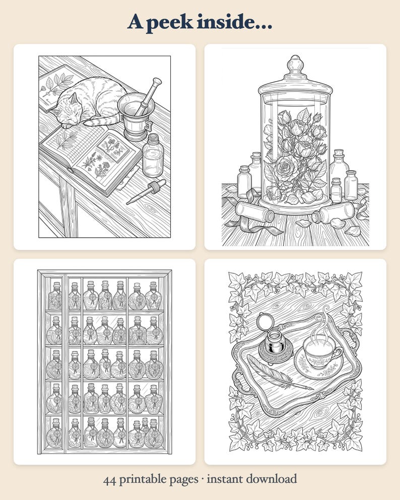 Magical Apothecary Coloring Book — Cozy Potion Shop Printable PDF for Adults, 44 Pages, Instant Download imagen 2