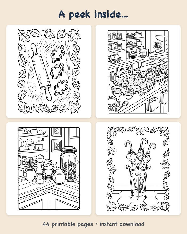 Livro de colorir aconchegante de outono com padaria e café de abóboras — PDF imprimível para todas as idades, 44 páginas, download instantâneo imagem 2