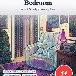 Libro da colorare per la camera da letto in stile anni 2000 — Nostalgia Y2K, PDF stampabile per adolescenti e adulti, 44 pagine, download immediato immagine 1