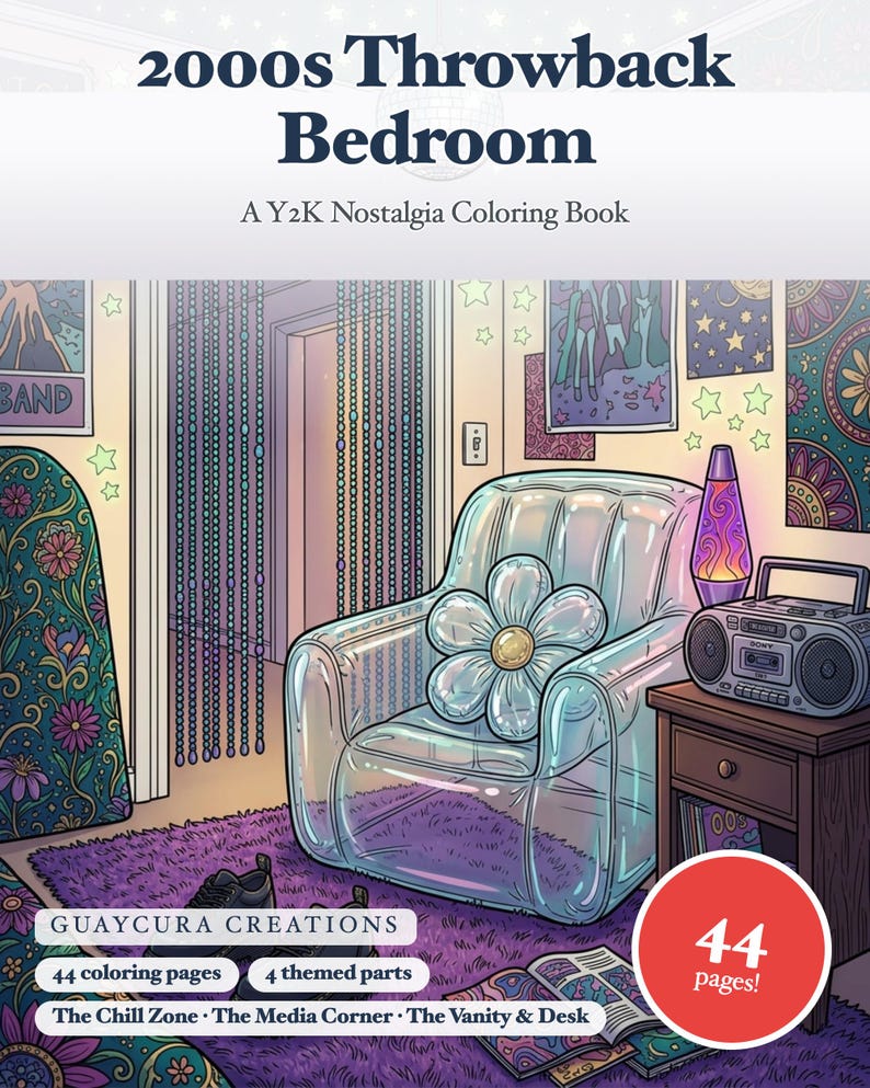 Libro da colorare per la camera da letto in stile anni 2000 — Nostalgia Y2K, PDF stampabile per adolescenti e adulti, 44 pagine, download immediato immagine 1