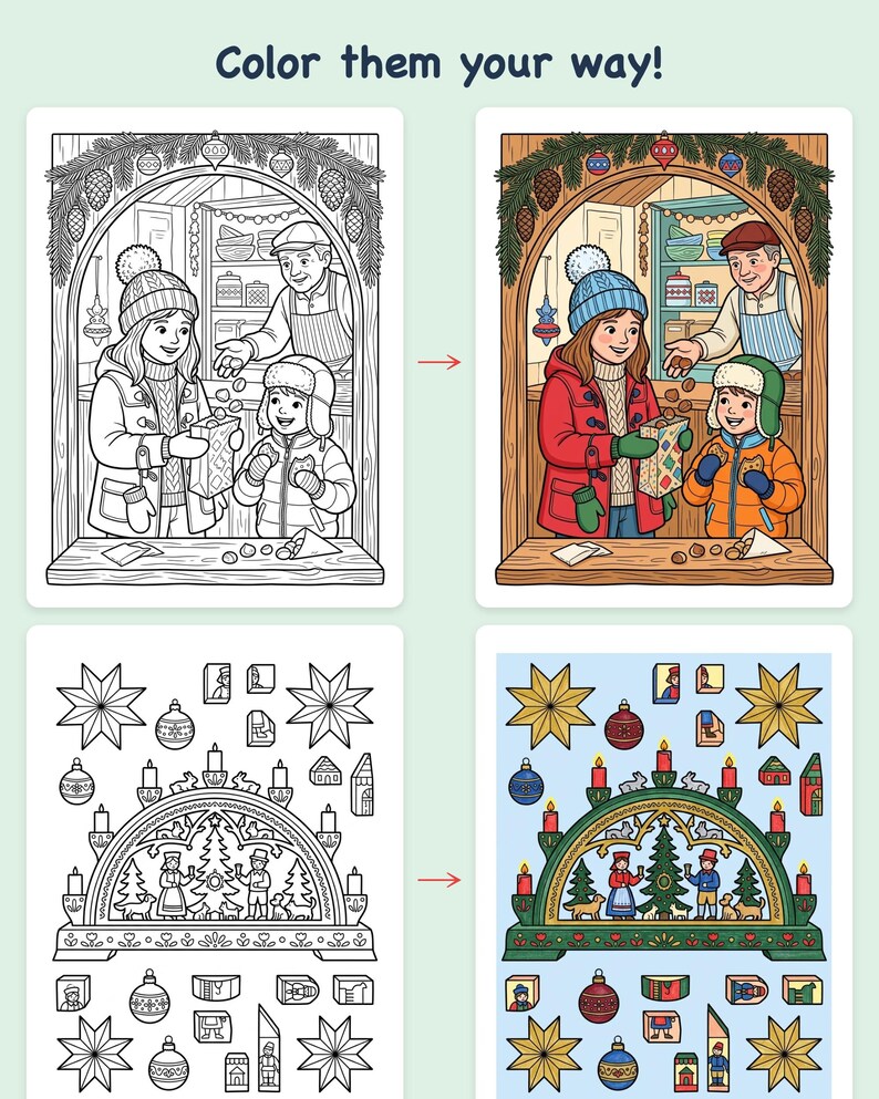 Winter Coloring Pages | Christmas Market Printable Coloring, 44 Detailed Folk Art Pages, Printable PDF Instant Download image 3