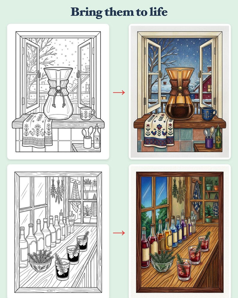 Cozy Coffee Christmas Coloring Book PDF Printable, Holiday Home Cafe Adult Coloring Pages, Hygge Aesthetic Coffee Lovers Gift image 3