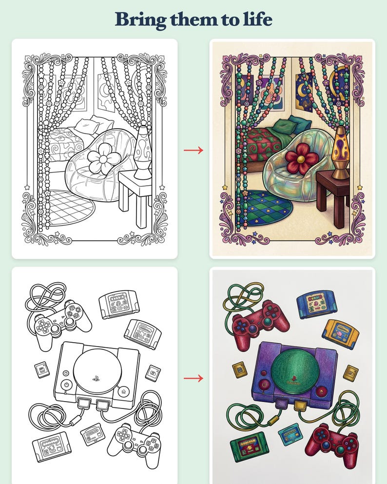 Libro da colorare per la camera da letto in stile anni 2000 — Nostalgia Y2K, PDF stampabile per adolescenti e adulti, 44 pagine, download immediato immagine 3