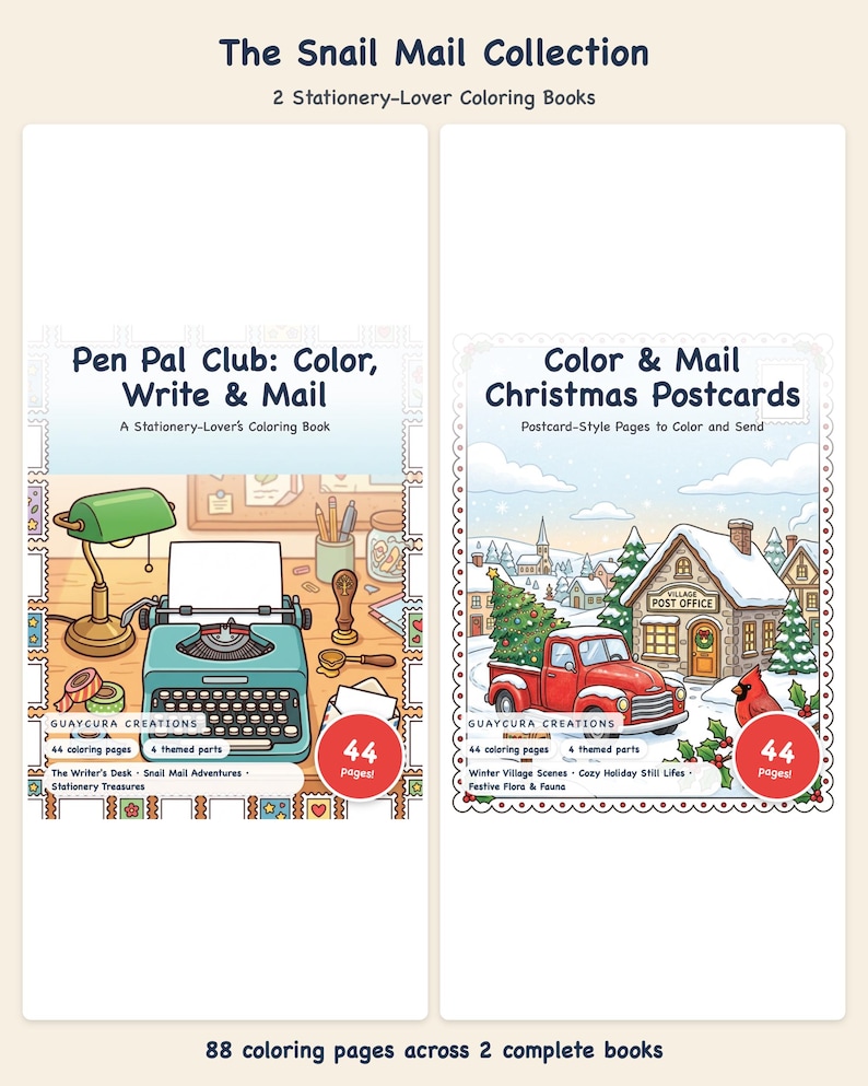 Snail Mail Coloring Bundle: Pen Pal Club & Christmas Postcards Printable PDF | 88 Pages Adult Coloring | Guaycura Creations image 1