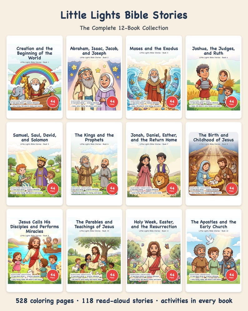 Puede incluir: Una colecci&oacute;n completa de 12 libros titulada Little Lights Bible Stories, con portadas ilustradas de diversas escenas b&iacute;blicas, incluyendo el arca de No&eacute;, la Natividad y la vida de Jes&uacute;s, con 528 p&aacute;ginas para colorear y 118 historias.