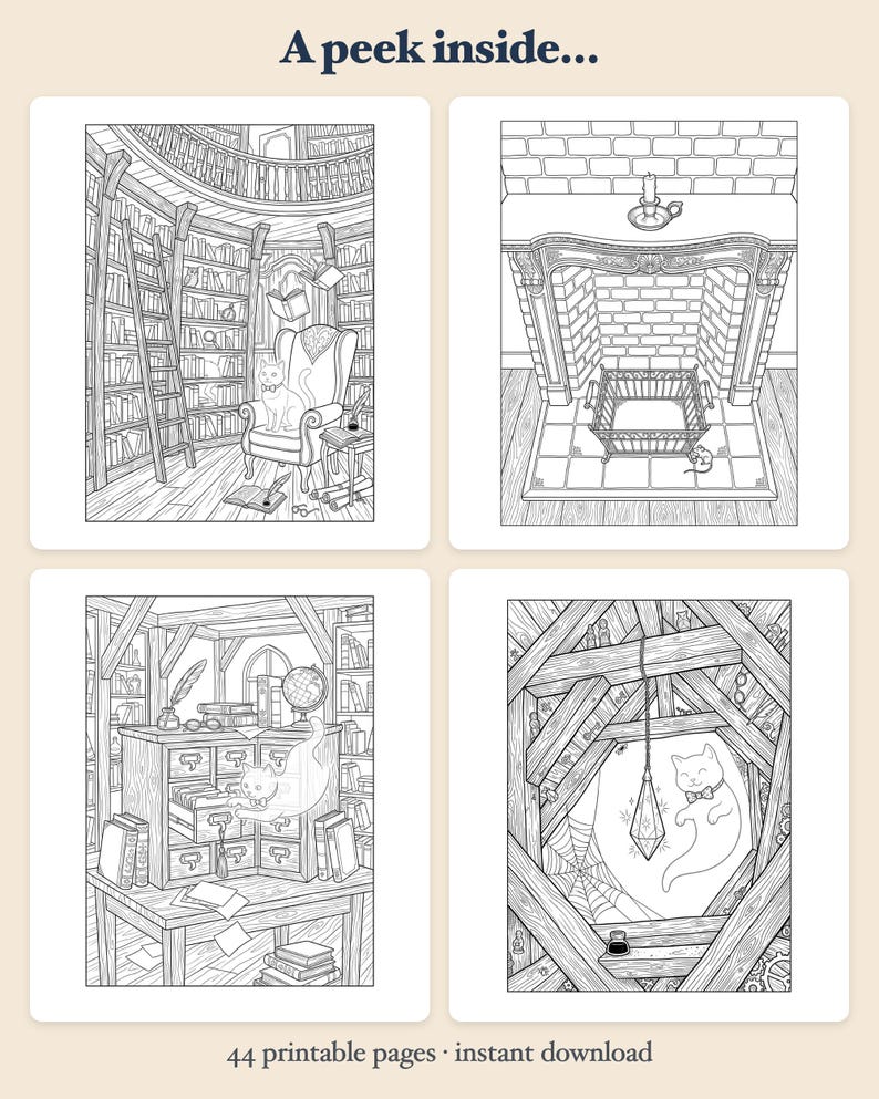 Haunted Bookshop Mysteries Coloring Book — Cozy Spooky Printable PDF with Hidden Objects, 44 Pages image 2