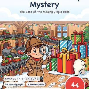 Kleurboek 'North Pole Workshop Mystery' — Elf Detective Verhaal - Printbare PDF voor kinderen van 5-8 jaar, 44 pagina's, direct te downloaden afbeelding 1