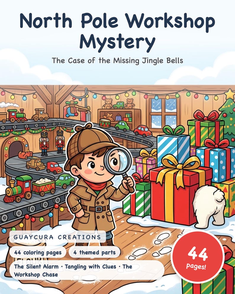 Kleurboek 'North Pole Workshop Mystery' — Elf Detective Verhaal - Printbare PDF voor kinderen van 5-8 jaar, 44 pagina's, direct te downloaden afbeelding 1
