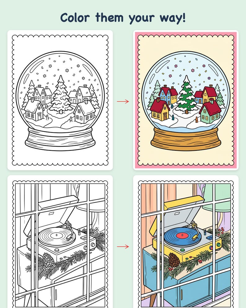 Color & Mail Christmas Postcards Coloring Book — Color and Send Vintage Cards Printable PDF for Family, 44 Pages, Instant Download image 3