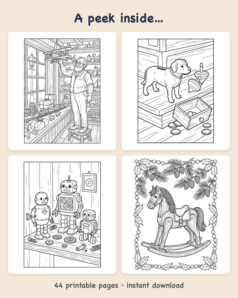 Vintage Christmas Coloring Pages | Vintage Christmas Toy Shop, 44 nostalgic toy designs, Printable PDF Instant Download Bild 2
