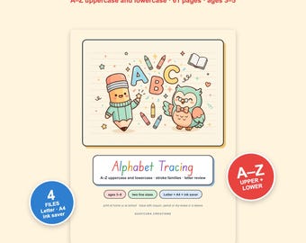 Alphabet Tracing Worksheets | Uppercase & Lowercase Letter Tracing PDF, A–Z Preschool Handwriting Practice, 61 Pages, Letter + A4