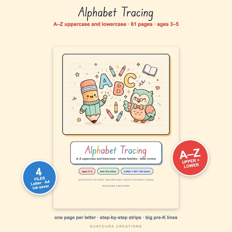 Alphabet Tracing Worksheets | Uppercase & Lowercase Letter Tracing PDF, A–Z Preschool Handwriting Practice, 61 Pages, Letter + A4 image 1