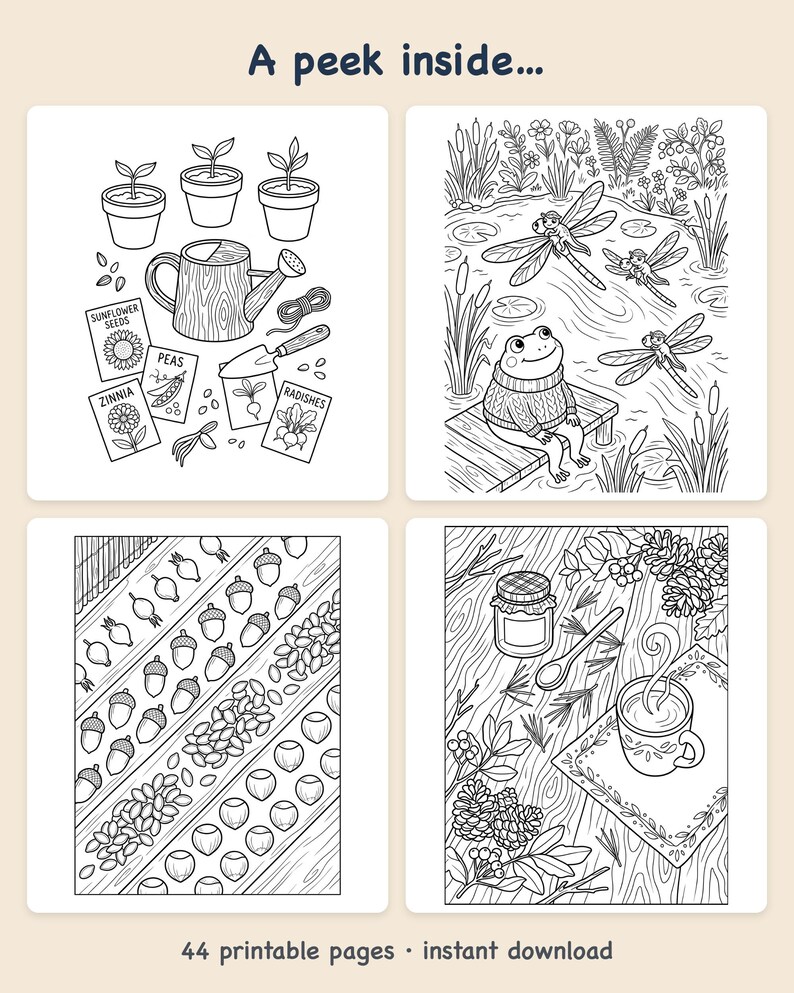 Frog Cottage Through the Seasons Coloring Book — Cozy Storybook Adventures Printable PDF for Kids Ages 5-9, 44 Pages, Instant Download image 2