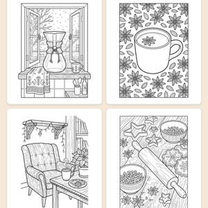 Cozy Coffee Christmas Coloring Book PDF Printable, Holiday Home Cafe Adult Coloring Pages, Hygge Aesthetic Coffee Lovers Gift image 2