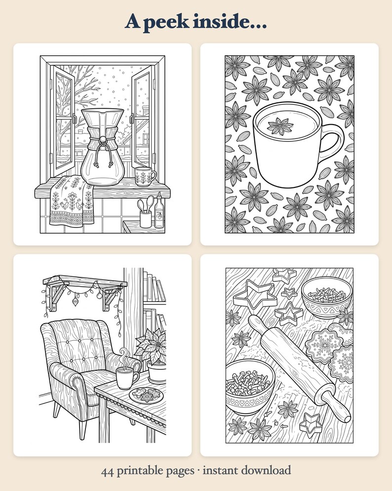 Cozy Coffee Christmas Coloring Book PDF Printable, Holiday Home Cafe Adult Coloring Pages, Hygge Aesthetic Coffee Lovers Gift image 2