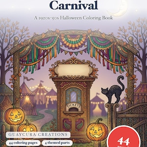 Libro para colorear de carnaval de Halloween vintage: PDF imprimible retro nostálgico de otoño para adolescentes y adultos, 44 páginas, descarga instantánea. imagen 1