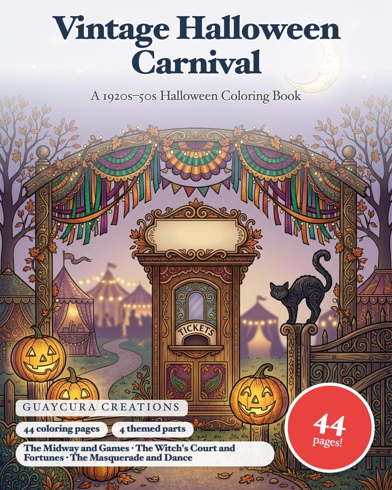 Libro para colorear de carnaval de Halloween vintage: PDF imprimible retro nostálgico de otoño para adolescentes y adultos, 44 páginas, descarga instantánea. imagen 1