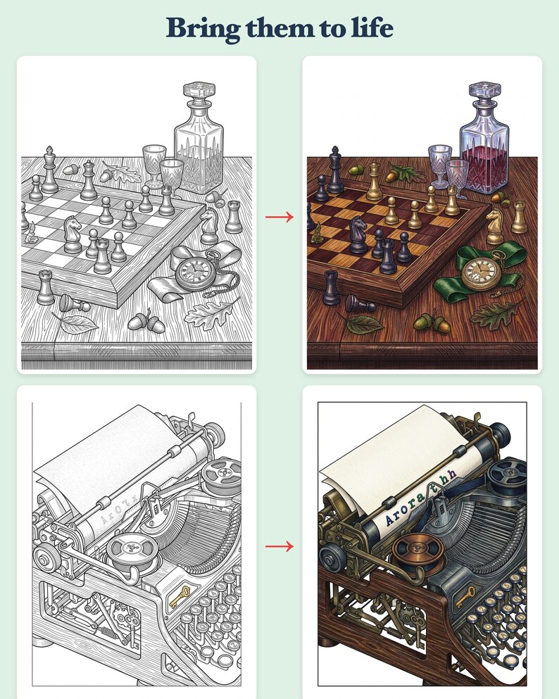 ダークアカデミア塗り絵PDF、美的図書館ミステリー大人向け塗り絵ページ、読書好きの学者へのギフト、ゴシックデジタルダウンロード 画像 3