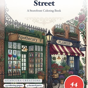 Small Shops on Main Street Coloring Book — Vintage Storefront Illustrations Printable PDF for Adults, 44 Pages, Instant Download image 1