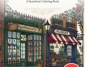Small Shops on Main Street Coloring Book — Vintage Storefront Illustrations Printable PDF for Adults, 44 Pages, Instant Download