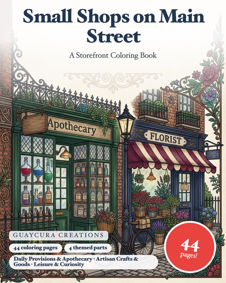Small Shops on Main Street Coloring Book — Vintage Storefront Illustrations Printable PDF for Adults, 44 Pages, Instant Download image 1