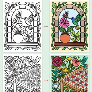 ハチドリとフォークフローラル：大きな文字の塗り絵ブック ― 大胆で簡単なデザイン、高齢者向け印刷可能PDF、44ページ、即時ダウンロード 画像 3