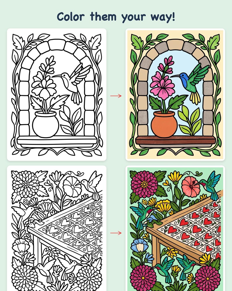 ハチドリとフォークフローラル：大きな文字の塗り絵ブック ― 大胆で簡単なデザイン、高齢者向け印刷可能PDF、44ページ、即時ダウンロード 画像 3