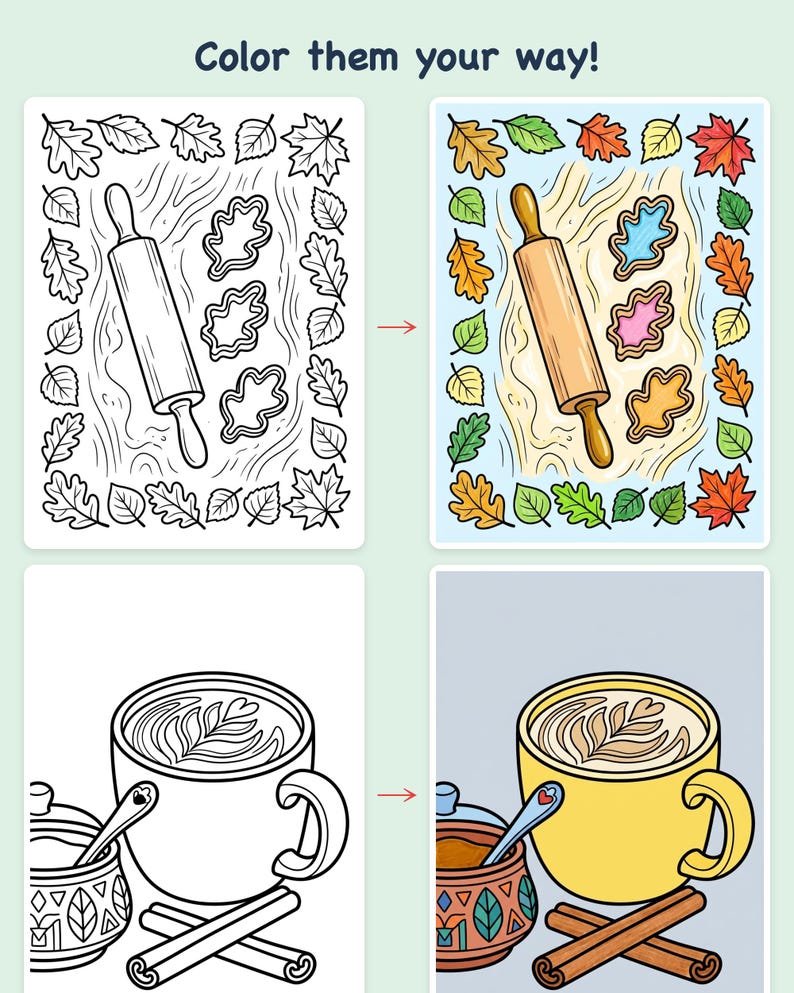 Livro de colorir aconchegante de outono com padaria e café de abóboras — PDF imprimível para todas as idades, 44 páginas, download instantâneo imagem 3