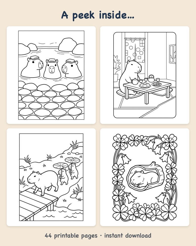 Capybara Calm Days Coloring Book — The World's Most Relaxed Printable PDF for Kids and Adults, 44 Pages, Instant Download image 2