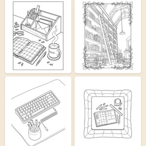 Kleurboek voor gezellige studiehoekjes — Esthetische bureauplekken, printbare PDF voor tieners en volwassenen, 44 pagina's, direct te downloaden afbeelding 2