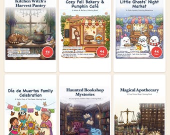 Höst- och Halloween-målarpaket, 264 mysiga höstmålarbilder i PDF-format, häxigt pumpabageri, gulligt spöke, hemsökt bokhandel, utskrivbart