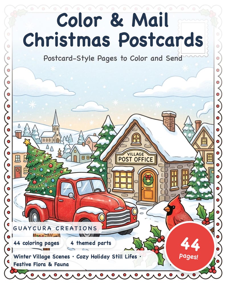 Color & Mail Christmas Postcards Coloring Book — Color and Send Vintage Cards Printable PDF for Family, 44 Pages, Instant Download image 1