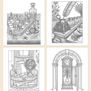 ダークアカデミア塗り絵PDF、美的図書館ミステリー大人向け塗り絵ページ、読書好きの学者へのギフト、ゴシックデジタルダウンロード 画像 2