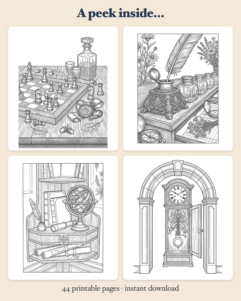 ダークアカデミア塗り絵PDF、美的図書館ミステリー大人向け塗り絵ページ、読書好きの学者へのギフト、ゴシックデジタルダウンロード 画像 2