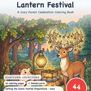 Libro para colorear del Festival de Linternas del Bosque de Otoño — Celebración Acogedora en el Bosque. PDF imprimible para mayores de 6 años y para toda la familia. 44 páginas. Descarga instantánea. imagen 1