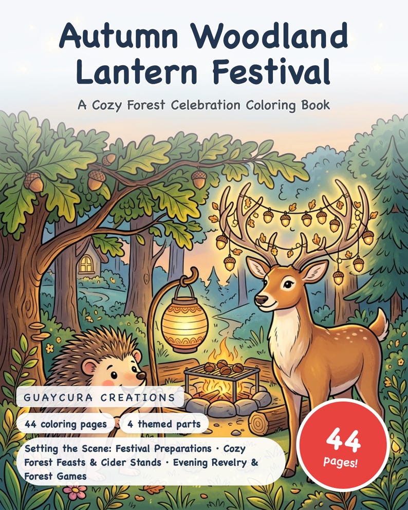 Libro para colorear del Festival de Linternas del Bosque de Otoño — Celebración Acogedora en el Bosque. PDF imprimible para mayores de 6 años y para toda la familia. 44 páginas. Descarga instantánea. imagen 1