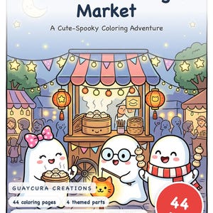Little Ghosts' Night Market Coloring Book — Cute Spooky Printable PDF for Kids, 44 Pages, Instant Download image 1
