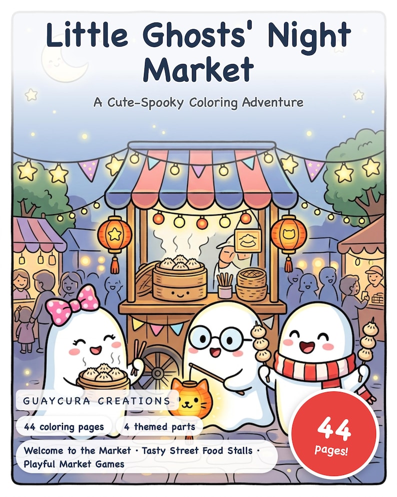 Little Ghosts' Night Market Coloring Book — Cute Spooky Printable PDF for Kids, 44 Pages, Instant Download image 1