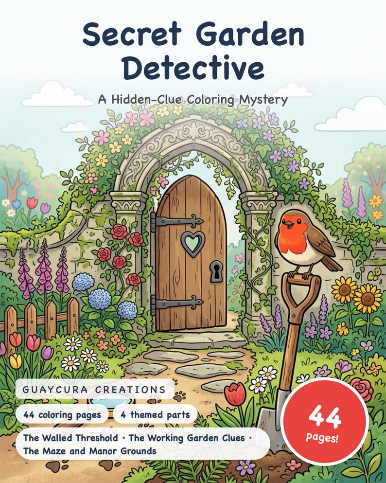 Kleurboek 'Geheime Tuin Detective' — Een printbaar PDF-bestand met verborgen aanwijzingen voor kinderen van 8-12 jaar, 44 pagina's, direct te downloaden. afbeelding 1